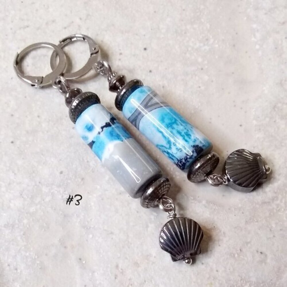 SURF'S UP! One-of-a-kind! Blue & Gray Agate + Hematite Shell Beaded Earrings